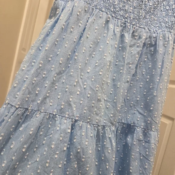 Light Blue Smocked 100% Cotton Midi Dress Tie Strap Swiss Dot Cottagecore Boho - Picture 5 of 8
